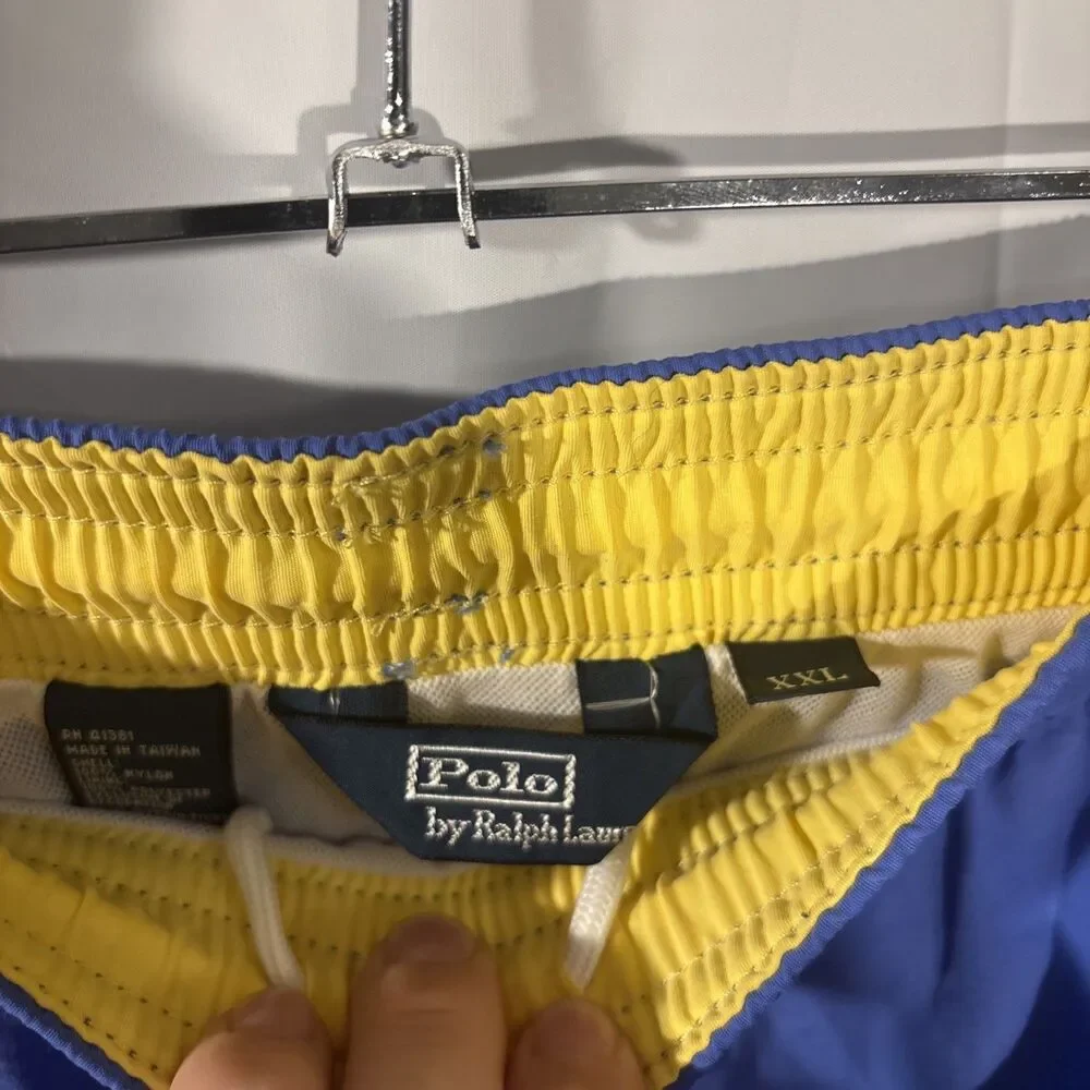 NWT Vintage Polo Ralph Lauren Swim Trunks Mens 2XL Blue 5” Inseam Yellow Pony